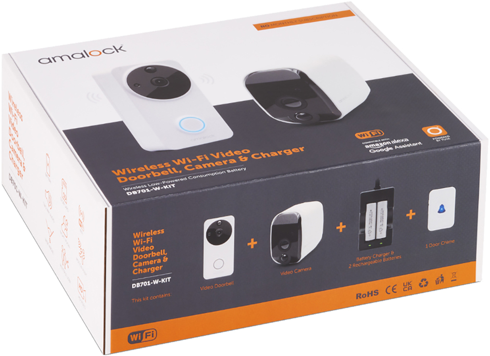 AMALOCK DB701 Wireless Doorbell & Chime Kit With 1 x White CAM200A Camera, Battery Charger And Rechargeable Batteries