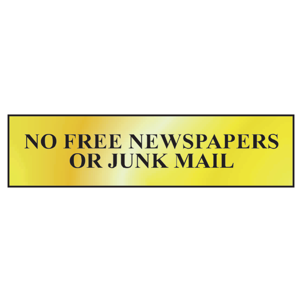 ASEC `No Free Newspapers or Junk Mail` 200mm x 50mm Metal Strip Self Adhesive Sign Gold