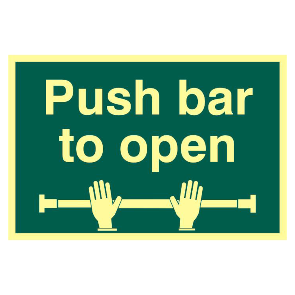 ASEC `Push Bar To Open` 200mm x 300mm PVC Self Adhesive Photo luminescent Sign