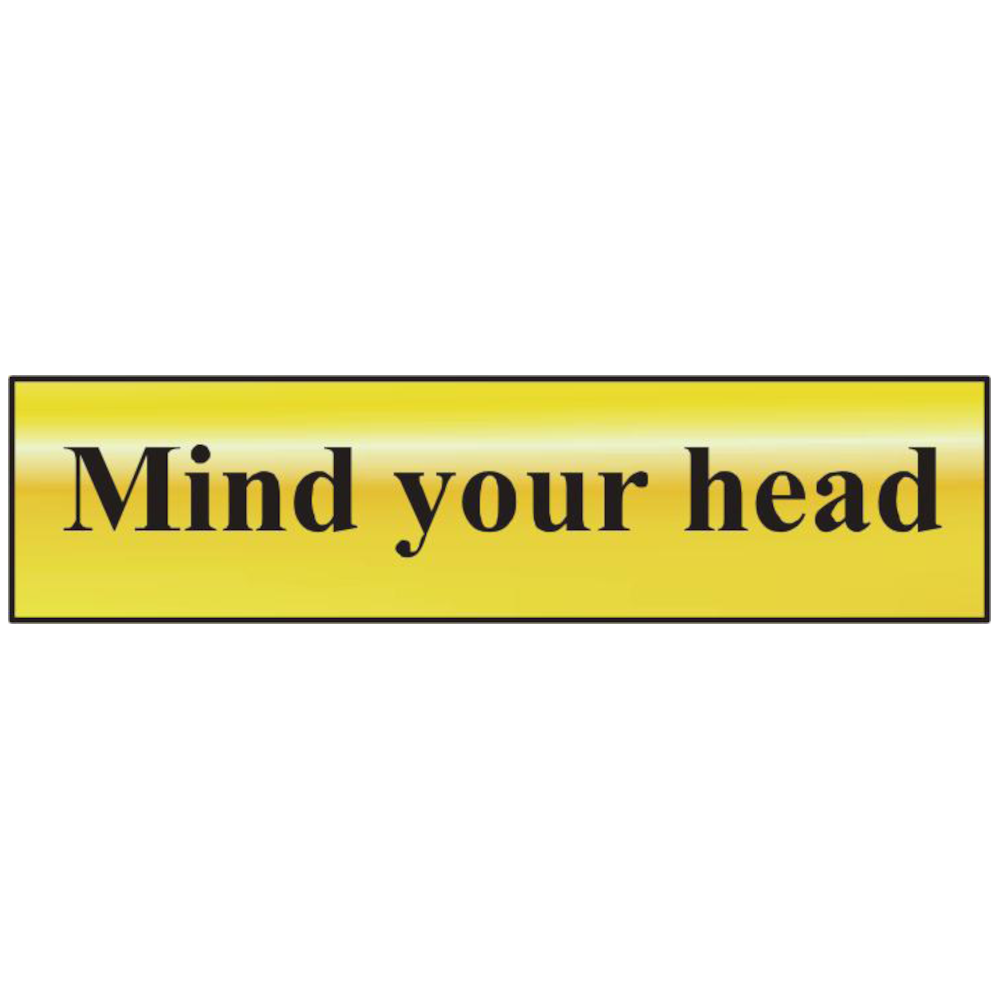 ASEC `Mind Your Head` 200mm x 50mm Gold Self Adhesive Sign
