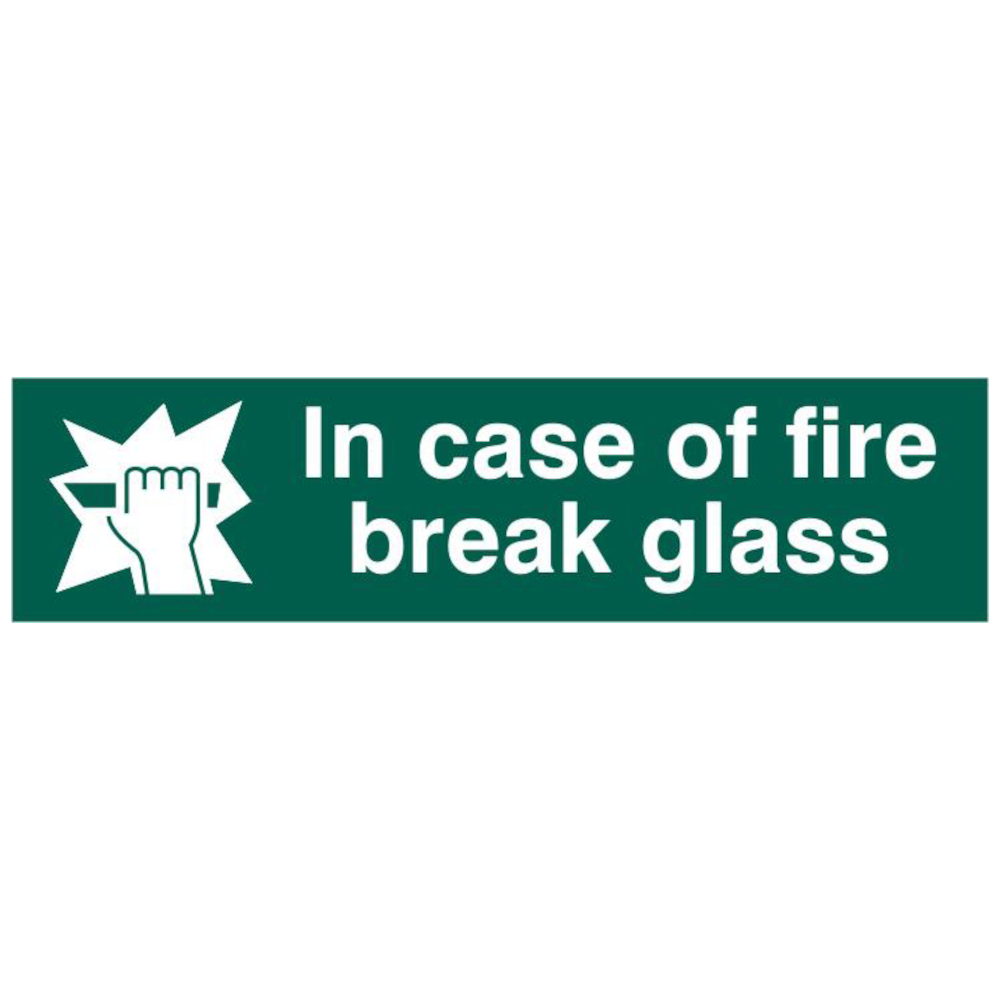 ASEC `In Case Of Fire Break Glass` 200mm x 50mm PVC Self Adhesive Sign.