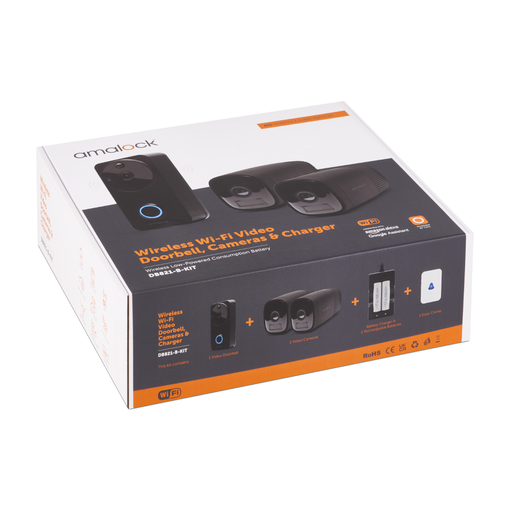 AMALOCK DB811/DB821 Wireless Doorbell & Chime Kit With 2 x CAM400 Camera's, Battery Charger And Rechargeable Batteries